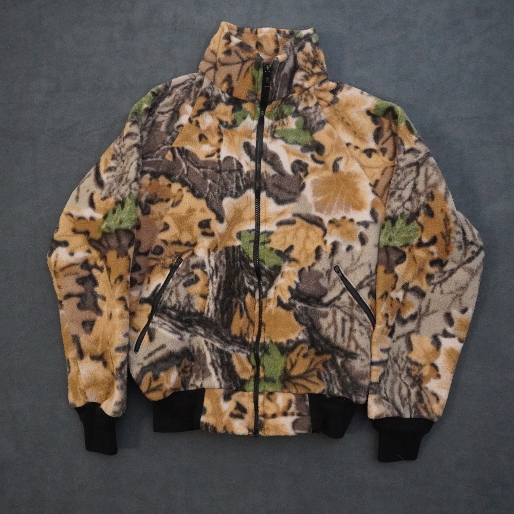 World Famous Sports Camo Fleece Jacket Mens Medium Leaf Camouflage Full Zip USA